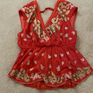 FREE PEOPLE ORANGE GOLD BEADED TOP